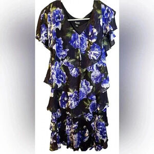 SLNY Dress Womens 8 Blue Sleeveless Floral Print Tier Shift Chiffon MINT